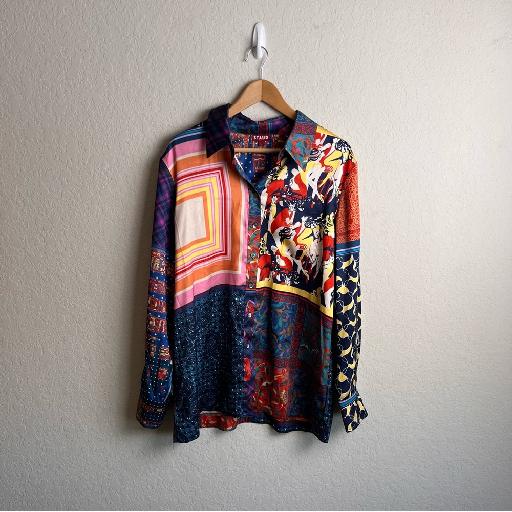 STAUD Martha Patchwork Satin Tunic Blouse L Colorblock Boho Top - Picture 4 of 13